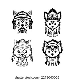 Unleash your wild side with our cute kawaii wolf logo wearing Indian chief accessories collection. Hand drawn with love, these illustrations are sure to add a touch of playfulness and strength