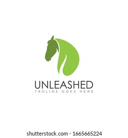 Logotipo desenrollado, con elegante vector de caballo y hoja