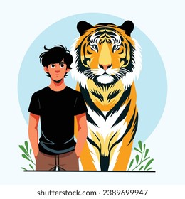 Unleashing Confidence: Portrait of a Young Man with a Majestic Tiger - Strength and Companionship Illustrated