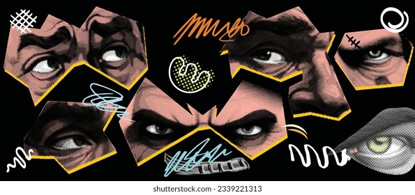 Unleashing the fury within, a glimpse into the rage of the soul, collage vector illustration grunge banner. dotted punk halftone elements, Retro magazine clippings vector illustration.