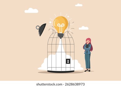 Unleashing the Idea. A Bright Lightbulb Escaping a Birdcage, Symbolizing Freedom of Thought.