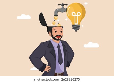 Unleashing a Stream of Ideas Businessman with Open Head and Faucet Pouring Light Bulbs, Symbolizing a Constant Flow of Creativity.