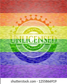 Unlicensed emblem on mosaic background with the colors of the LGBT flag