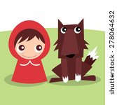 An unlikely couple of cute little red ridding hood and wolf cartoon vector illustration.