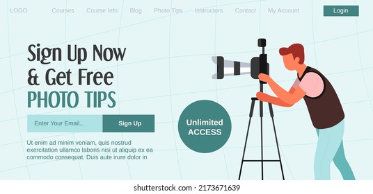 Unlimited access for courses to improve photography skills. Sign up now and get free tips, tutorial and master class from professional specialists. Lessons and classes for beginners. Vector in flat 