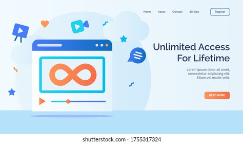 Unlimited access lifetime for campaign web website home homepage landing page template with filled color modern flat style design vector illustration