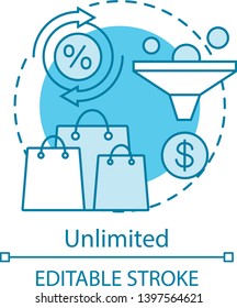 Unlimited concept icon. Discounts and bonuses subscription tariff idea thin line illustration. Special low price. Seasonal sale. Vector isolated outline drawing. Online store shopping. Editable stroke