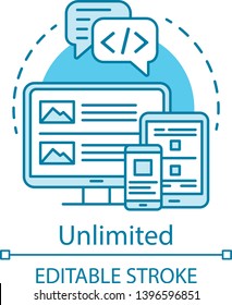 Unlimited Concept Icon. Website Builder Pricing Idea Thin Line Illustration. Mobile App. Frontend Development Tariff. Vector Isolated Outline Drawing. Web Application Design. Editable Stroke