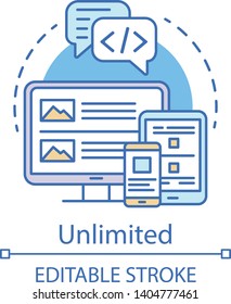 Unlimited concept icon. Website builder pricing idea thin line illustration. Mobile app. Frontend development tariff. Web application design. Vector isolated outline drawing. Editable stroke