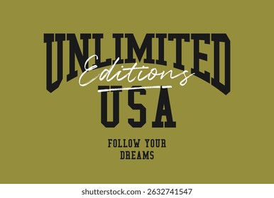 unlimited. Graphic mens dynamic t-shirt design, poster, typography. Vector illustration. 
