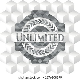 Unlimited grey emblem. Retro with geometric cube white background