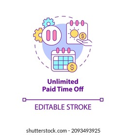 Unlimited paid time off concept icon. Receiving salary during leave abstract idea thin line illustration. Isolated outline drawing. Editable stroke. Roboto-Medium, Myriad Pro-Bold fonts used