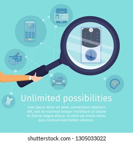Unlimited Possibilities with NFC Technology Flat Vector Square Advertising Banner. Secure Access Service Promo Poster Template. Human Hand Holding Magnifying Glass, Magnifying Code Lock Illustration