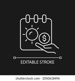 Unlimited PTO white linear icon for dark theme. Work-life balance. Unlimited vacation policy. Thin line customizable illustration. Isolated vector contour symbol for night mode. Editable stroke