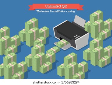 Unlimited Quantitative Easing. Printing Money Business Concept