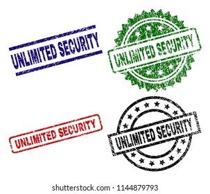 UNLIMITED SECURITY seal prints with corroded surface. Black, green,red,blue vector rubber prints of UNLIMITED SECURITY title with corroded surface. Rubber seals with circle, rectangle,