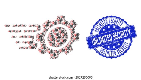 Unlimited Security textured round seal and vector fractal collage gear. Blue seal includes Unlimited Security title inside round shape. Vector collage is constructed with random gear items.