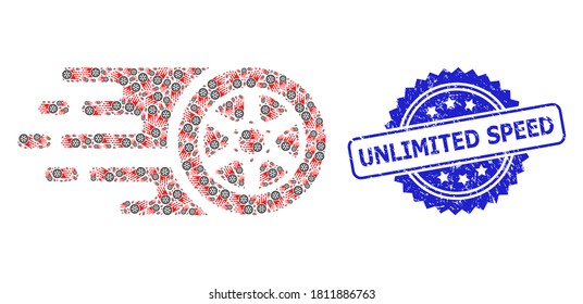 Unlimited Speed rubber seal imitation and vector fractal mosaic bolide car wheel. Blue stamp seal includes Unlimited Speed text inside rosette.