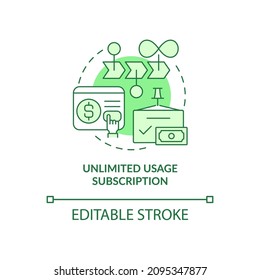 Unlimited usage subscription green concept icon. Types of subscription abstract idea thin line illustration. Isolated outline drawing. Editable stroke. Roboto-Medium, Myriad Pro-Bold fonts used