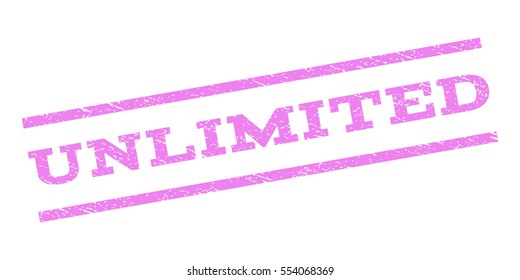 Unlimited watermark stamp. Text caption between parallel lines with grunge design style. Rubber seal stamp with unclean texture. Vector violet color ink imprint on a white background.