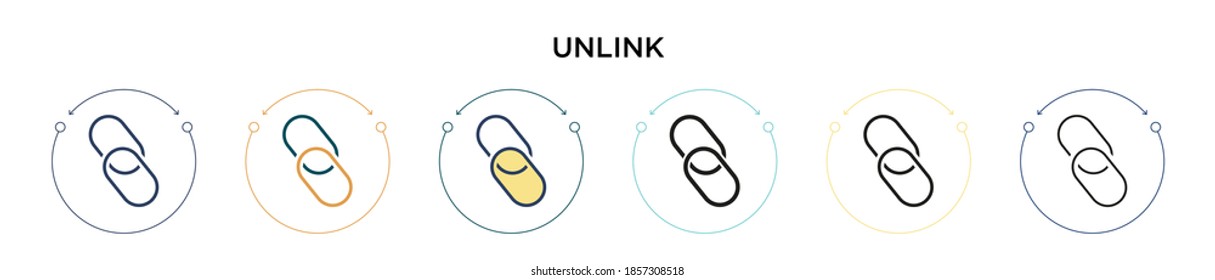 Unlink icon in filled, thin line, outline and stroke style. Vector illustration of two colored and black unlink vector icons designs can be used for mobile, ui, web