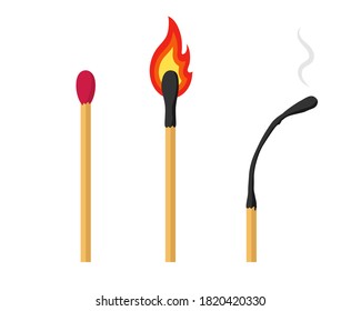 Unlit, Burning and Burnt Match. Set of matchsticks isolated on a white background. Vector illustration.