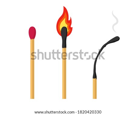 Unlit, Burning and Burnt Match. Set of matchsticks isolated on a white background. Vector illustration.
