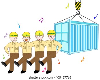 I unload a container by a crane. Good workers of the teamwork.
