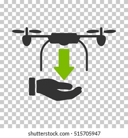 Unload Drone Hand EPS vector icon. Illustration style is flat iconic bicolor eco green and gray symbol.