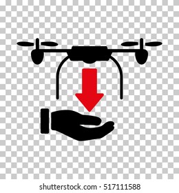 Unload Drone Hand EPS vector pictogram. Illustration style is flat iconic bicolor intensive red and black symbol.