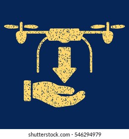 Unload Drone Hand grainy textured icon for overlay watermark stamps. Flat symbol with unclean texture. Dotted vector yellow ink rubber seal stamp with grunge design on a blue background.