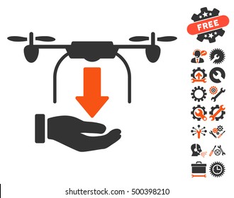 Unload Drone Hand icon with bonus service images. Vector illustration style is flat iconic symbols, orange and gray colors, white background.
