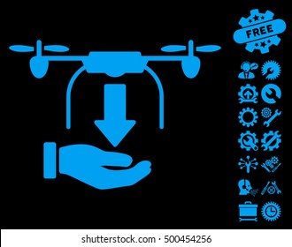 Unload Drone Hand icon with bonus options icon set. Vector illustration style is flat iconic symbols, blue color, black background.