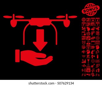 Unload Drone Hand icon with bonus calendar and time management icon set. Vector illustration style is flat iconic symbols, red color, black background.