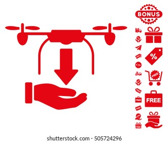 Unload Drone Hand icon with free bonus design elements. Vector illustration style is flat iconic symbols, red color, white background.