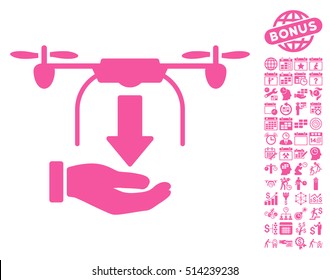 Unload Drone Hand pictograph with bonus calendar and time service clip art. Vector illustration style is flat iconic symbols, pink color, white background.