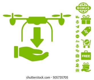Unload Drone Hand pictograph with free bonus pictograms. Vector illustration style is flat iconic symbols, eco green color, white background.