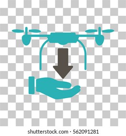 Unload Drone Hand vector pictograph. Illustration style is flat iconic bicolor grey and cyan symbol on a transparent background.