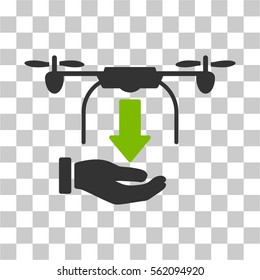 Unload Drone Hand vector pictograph. Illustration style is flat iconic bicolor eco green and gray symbol on a transparent background.