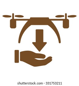 Unload Drone vector icon. Style is flat symbol, brown color, rounded angles, white background.