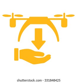 Unload Drone vector icon. Style is flat symbol, yellow color, rounded angles, white background.