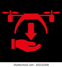 Unload Drone vector icon. Style is flat symbol, red color, rounded angles, black background.