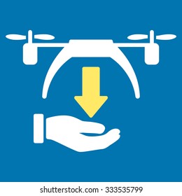 Unload Drone vector icon. Style is bicolor flat symbol, yellow and white colors, rounded angles, blue background.