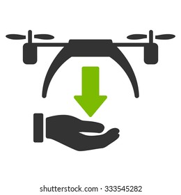 Unload Drone vector icon. Style is bicolor flat symbol, eco green and gray colors, rounded angles, white background.