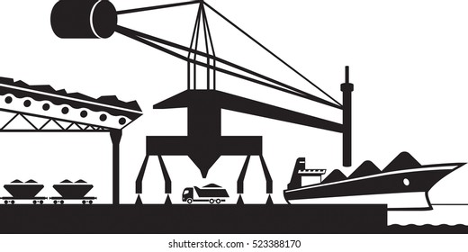 Unload raw materials from cargo ship - vector illustration