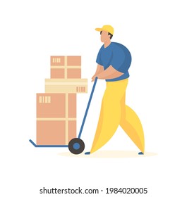 Descargando cajas con mercancías. Carácter masculino uniforme con carretillas con carretillas. Servicio de carga y entrega de carga. Herramientas especiales para productos de colocación acelerada. Ilustración plana vectorial.