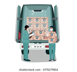 Unloading the car with the vaccine. Transportation of medicines.  Delivery of the vaccine to vaccination points and medical institutions.   Antivirus company. Vector illustration.