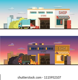 Unloading a cargo by the shop store. Goods being delivered to the commercial store in the city. Evening lighting city view. Delivering boxes to a retail store.