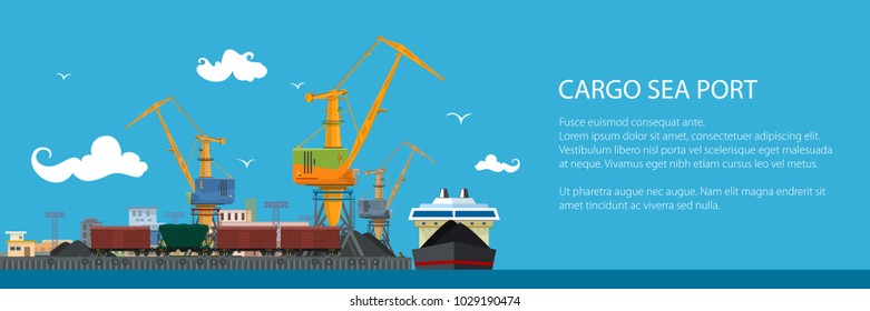 Unloading Coal or Ore from the Dry Cargo Ship, Banner with Sea Freight Transportation, Cargo Transport, Port Warehouses and Cranes and Train, Vector Illustration