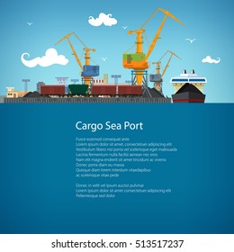 Unloading Coal or Ore from the Dry Cargo Ship, Sea Freight Transportation, Port Warehouses and Cranes and Train, Poster Brochure Flyer Design, Vector Illustration 